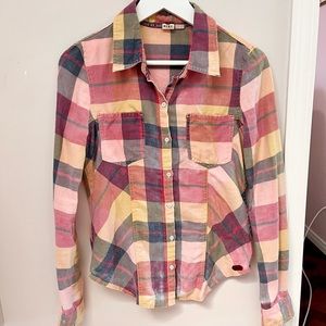 Roxy Button Up Collar Checkered Long Sleeve Shirt Size XS Pink Blue Yellow Red